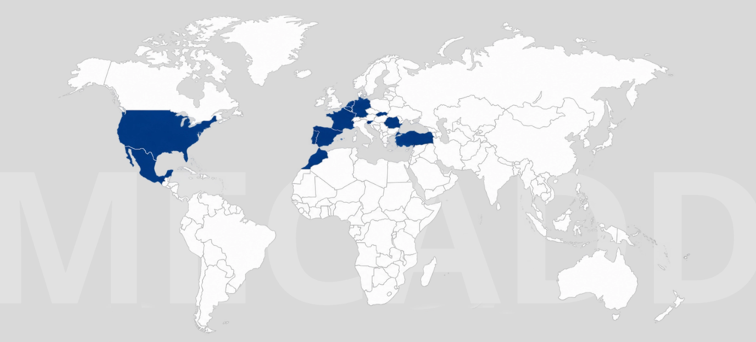 Carte du monde : pays d'intervention aux États-Unis, au Mexique, au Maroc, en Europe et en Turquie