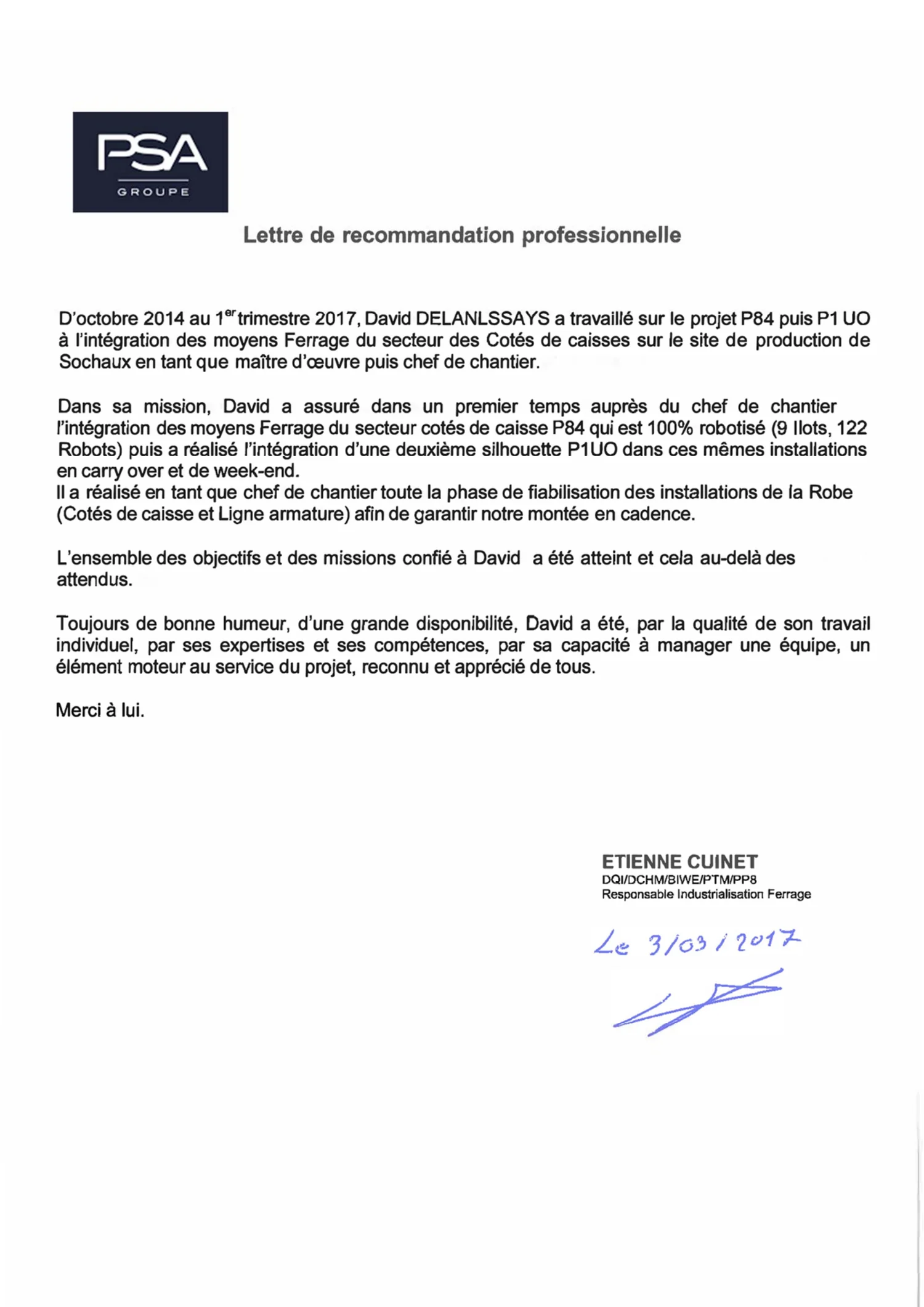 Lettre de recommandation de Stellantis (site de Sochaux) au sujet de David Delanlssays